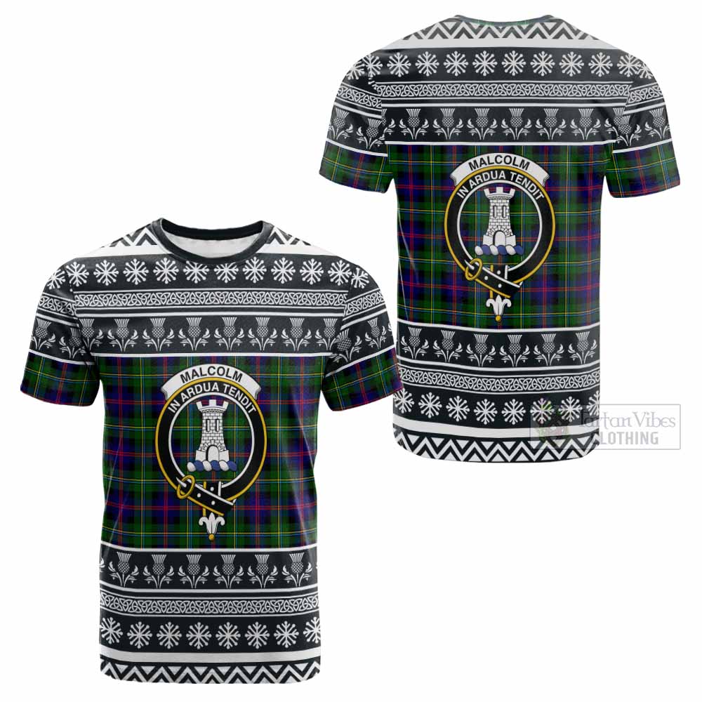 Malcolm Clan Tartan Christmas Cotton T-shirt with Family Crest - Tartan Vibes Clothing