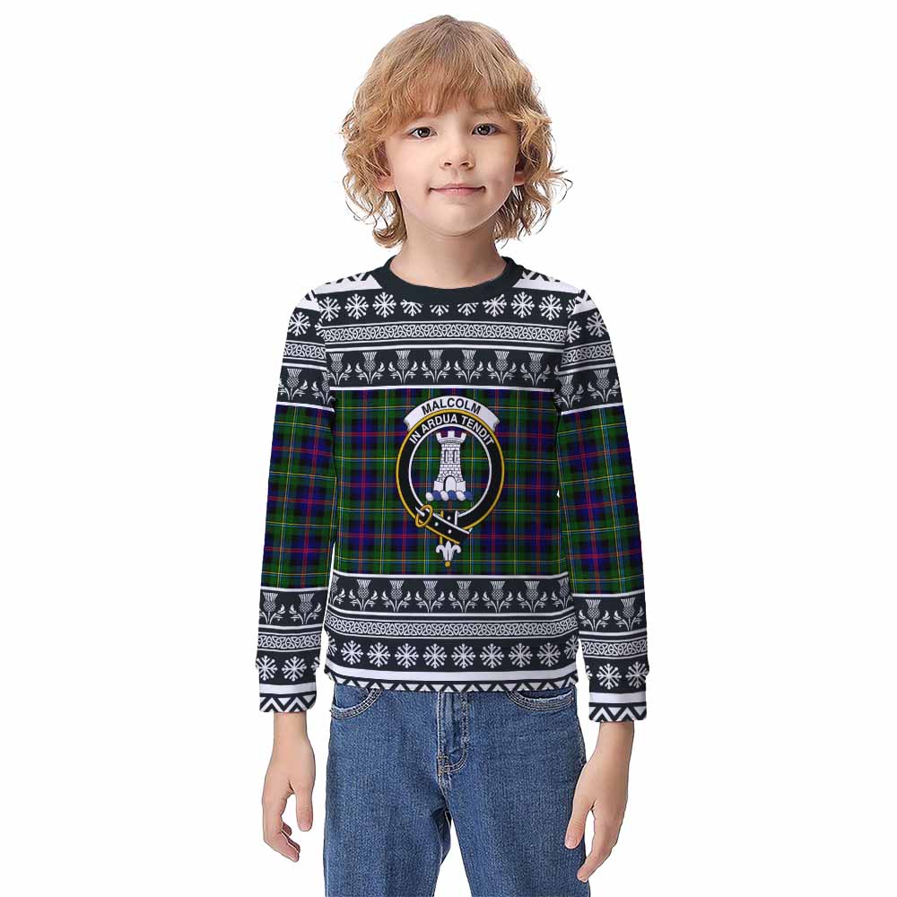 Malcolm Clan Tartan Christmas Kid Ugly Sweatshirt with Family Crest - Tartan Vibes Clothing