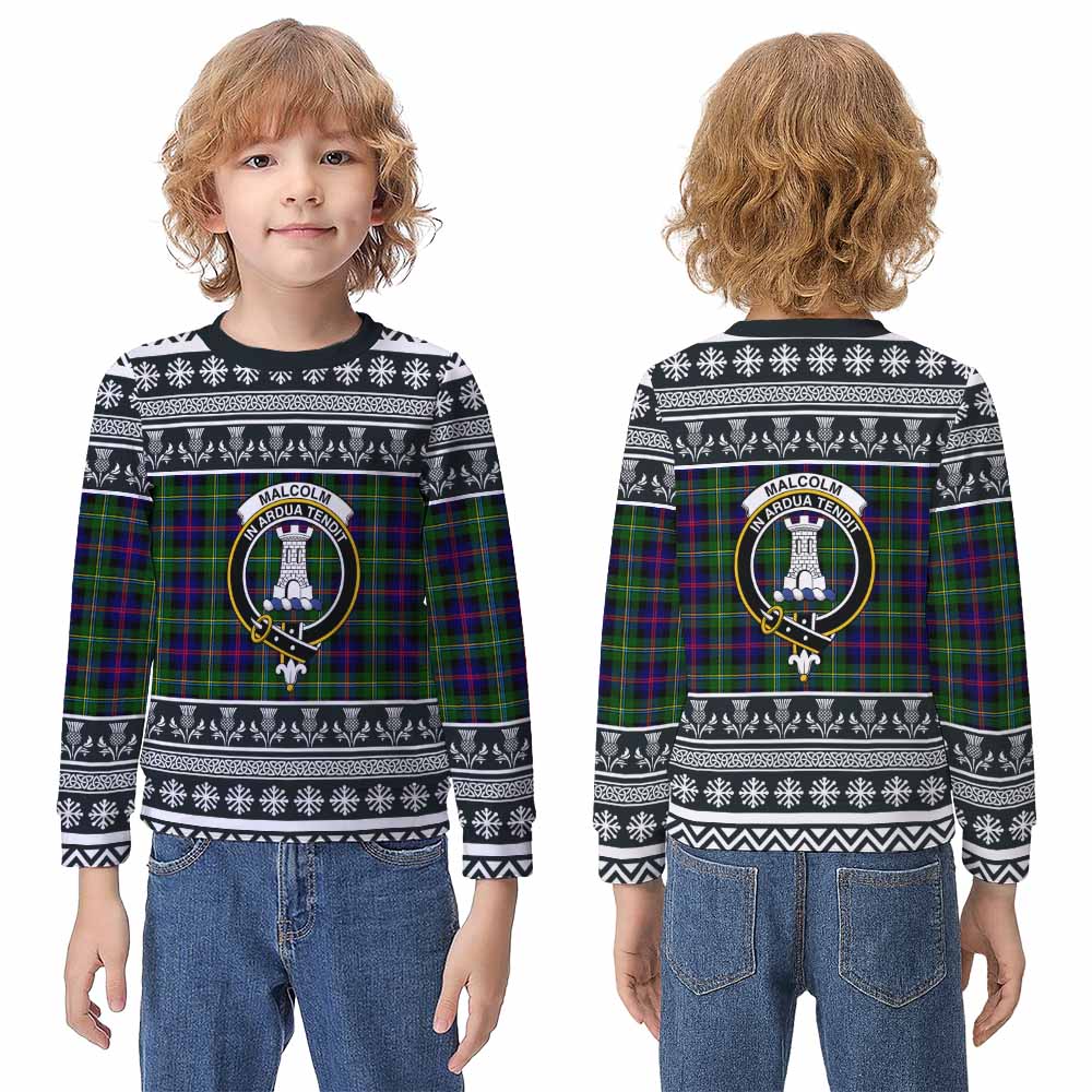 Malcolm Clan Tartan Christmas Kid Ugly Sweatshirt with Family Crest - Tartan Vibes Clothing