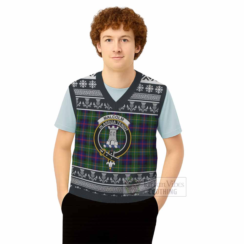 Malcolm Clan Tartan Christmas Knitted V-Neck Vest with Family Crest - Tartan Vibes Clothing