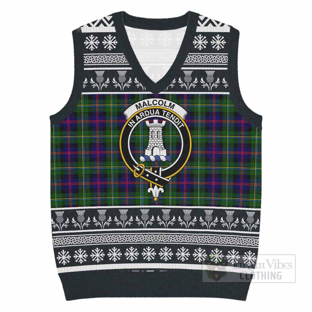 Malcolm Clan Tartan Christmas Knitted V-Neck Vest with Family Crest - Tartan Vibes Clothing