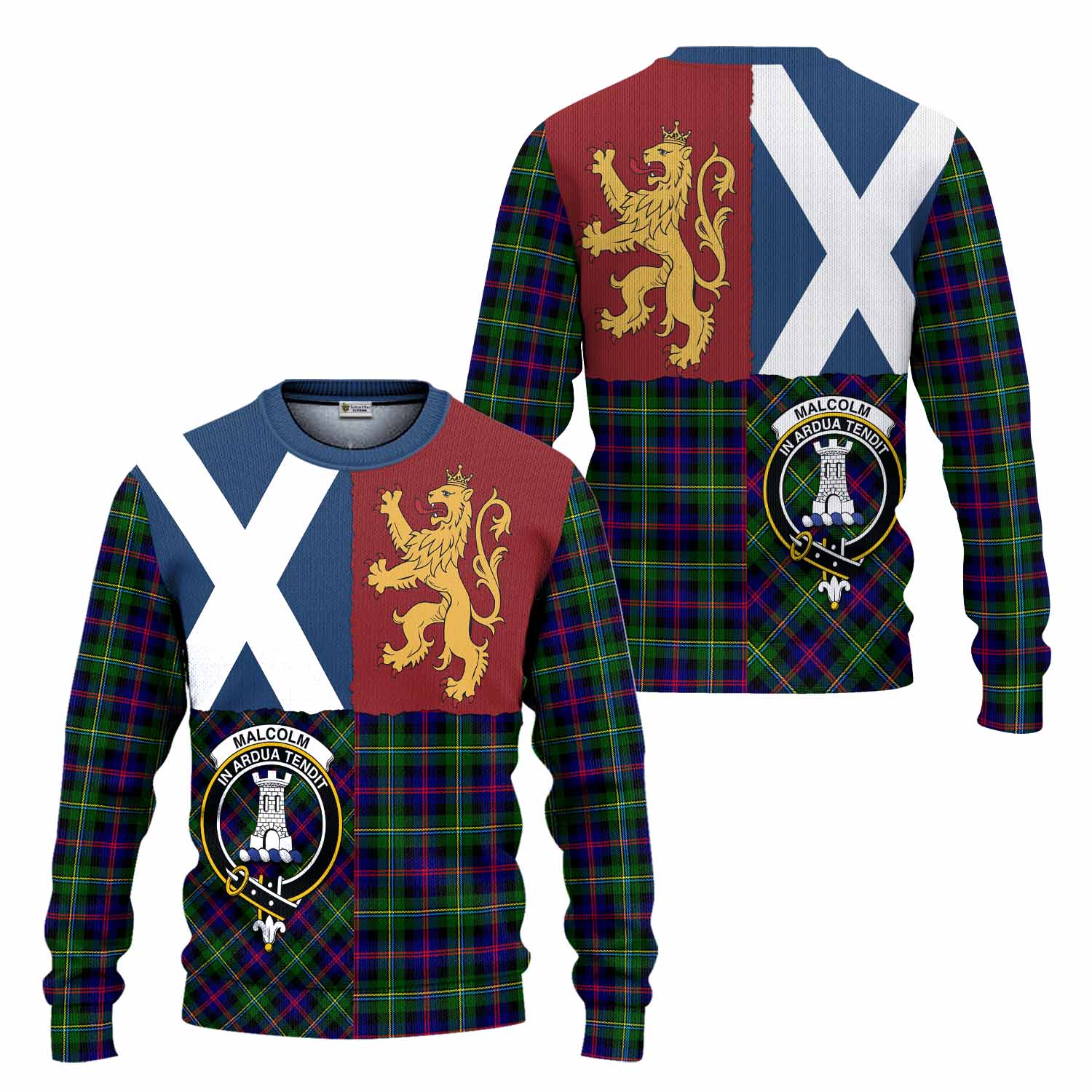 Malcolm Crest Tartan Knitted Sweater with Lion Rampant Saltire Style