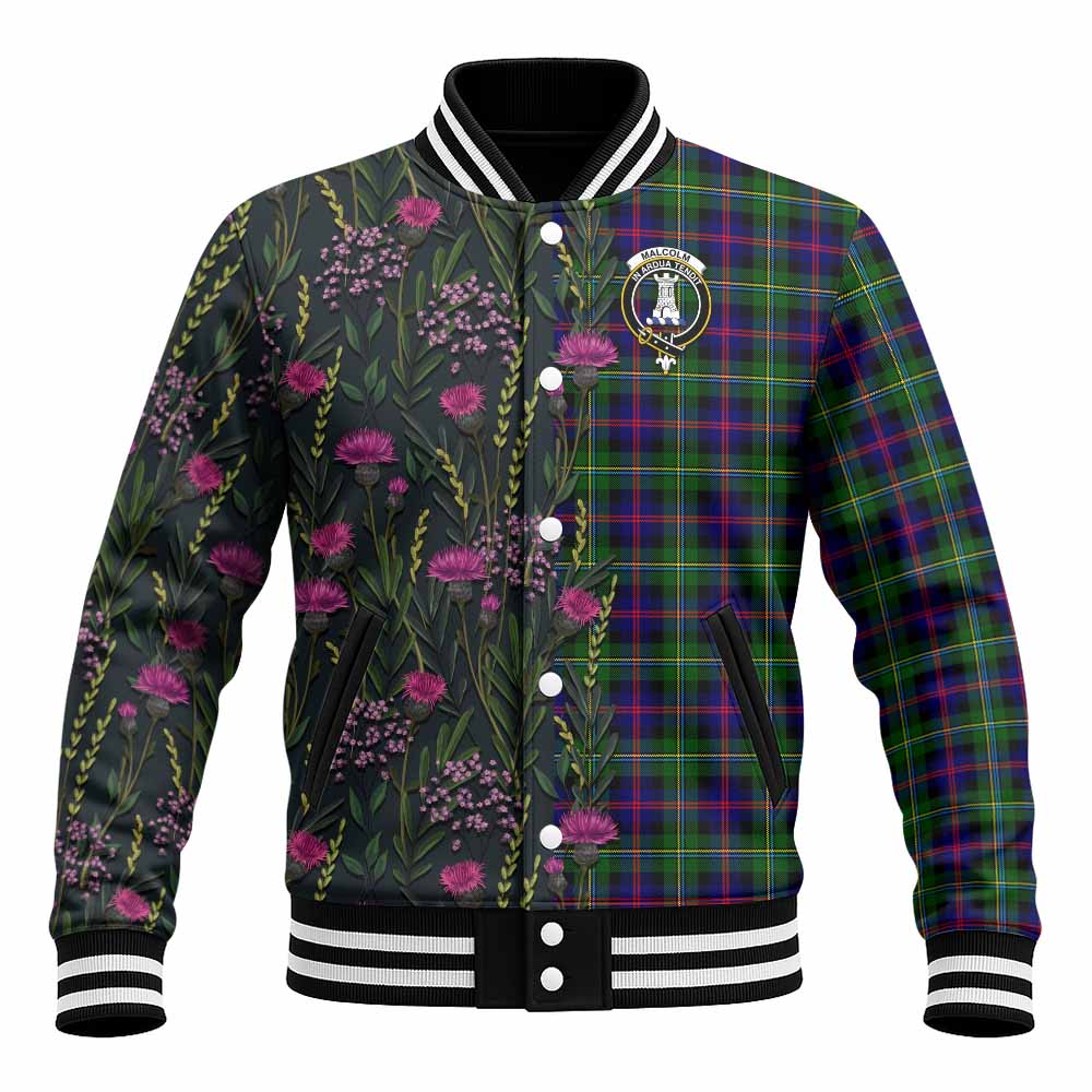 Malcolm Family Crest Tartan Baseball Jacket Scottish Thistle Flower Pattern Half Style - Tartan Vibes Clothing