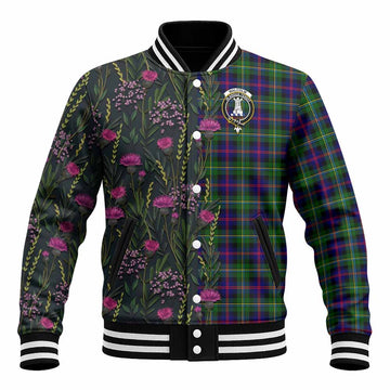 Malcolm Family Crest Tartan Baseball Jacket Scottish Thistle Flower Pattern Half Style