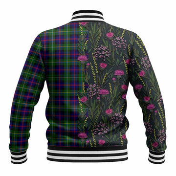 Malcolm Family Crest Tartan Baseball Jacket Scottish Thistle Flower Pattern Half Style