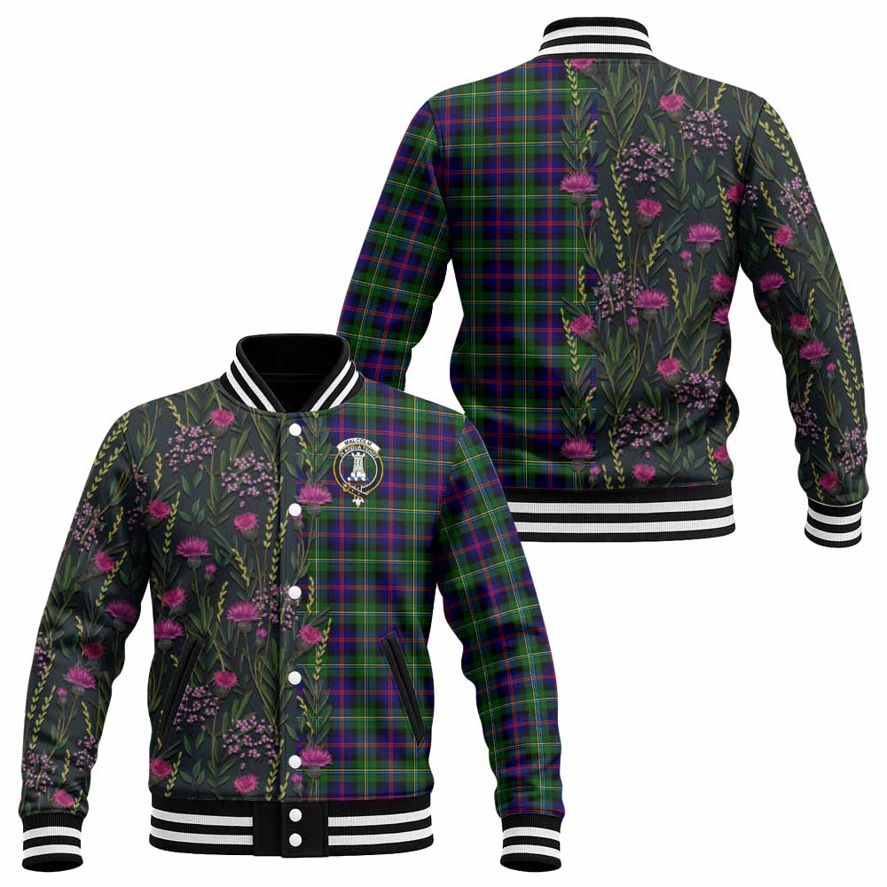 Malcolm Family Crest Tartan Baseball Jacket Scottish Thistle Flower Pattern Half Style - Tartan Vibes Clothing