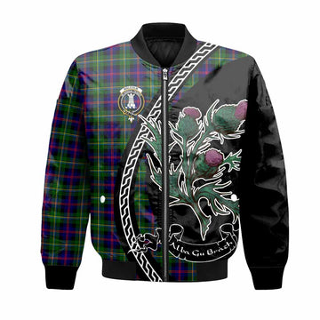 Malcolm Family Crest Tartan Bomber Jacket Alba Thistle Inspired