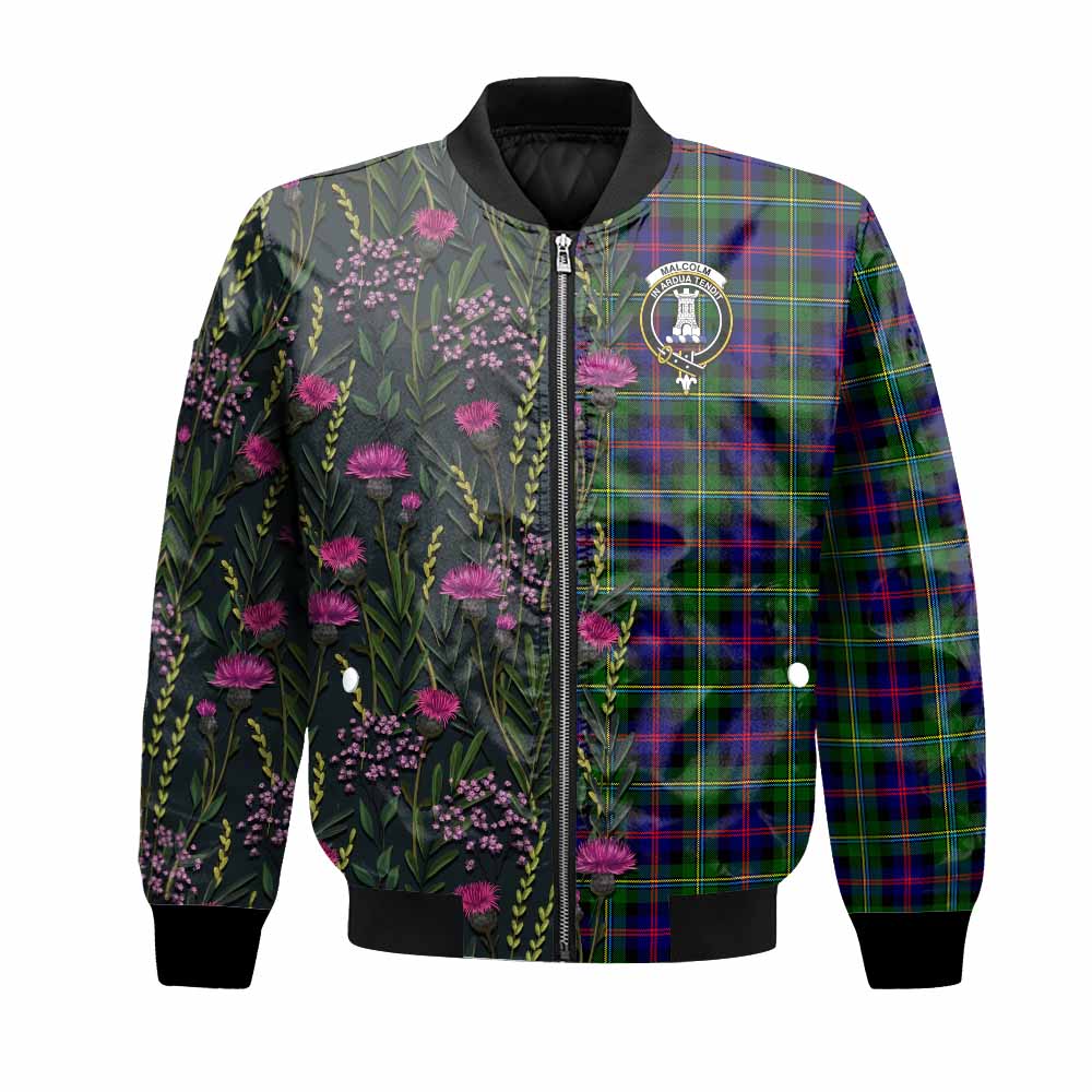 Malcolm Family Crest Tartan Bomber Jacket Scottish Thistle Flower Pattern Half Style - Tartan Vibes Clothing