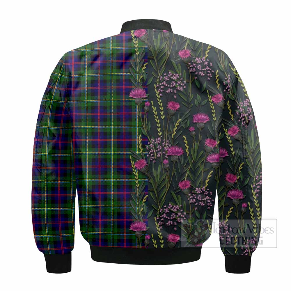 Malcolm Family Crest Tartan Bomber Jacket Scottish Thistle Flower Pattern Half Style - Tartan Vibes Clothing