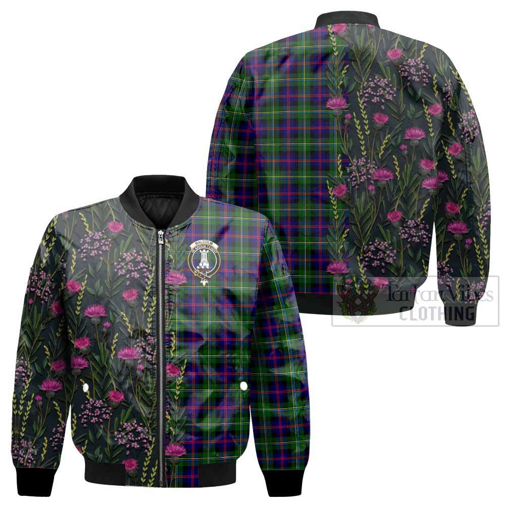 Malcolm Family Crest Tartan Bomber Jacket Scottish Thistle Flower Pattern Half Style - Tartan Vibes Clothing