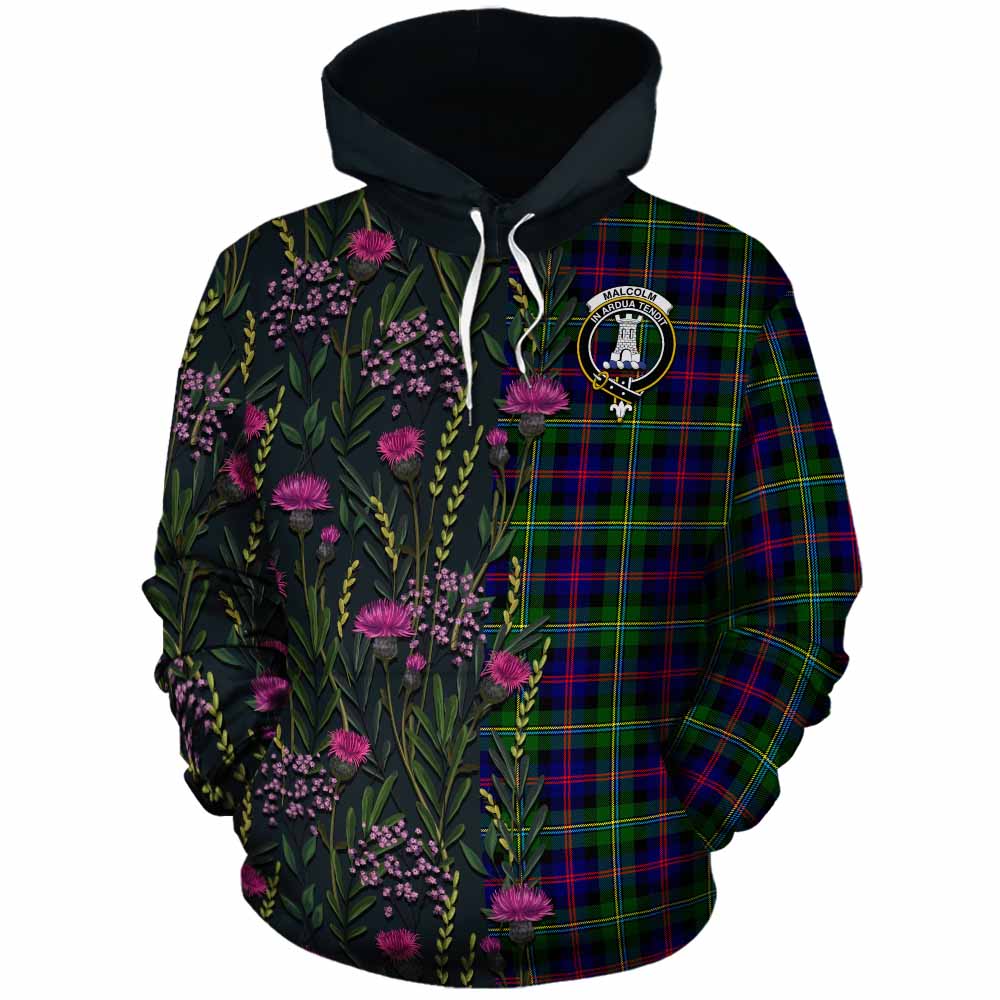 Malcolm Family Crest Tartan Cotton Hoodie Scottish Thistle Flower Pattern Half Style - Tartan Vibes Clothing