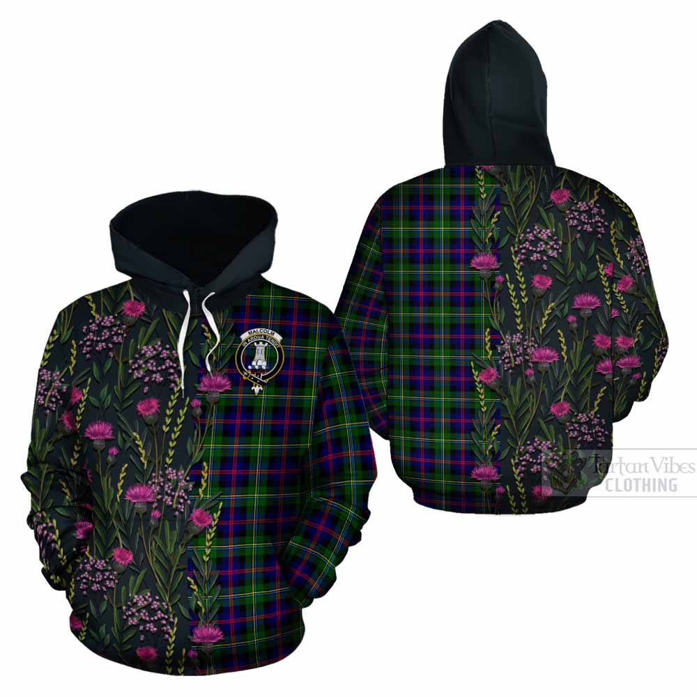 Malcolm Family Crest Tartan Cotton Hoodie Scottish Thistle Flower Pattern Half Style - Tartan Vibes Clothing