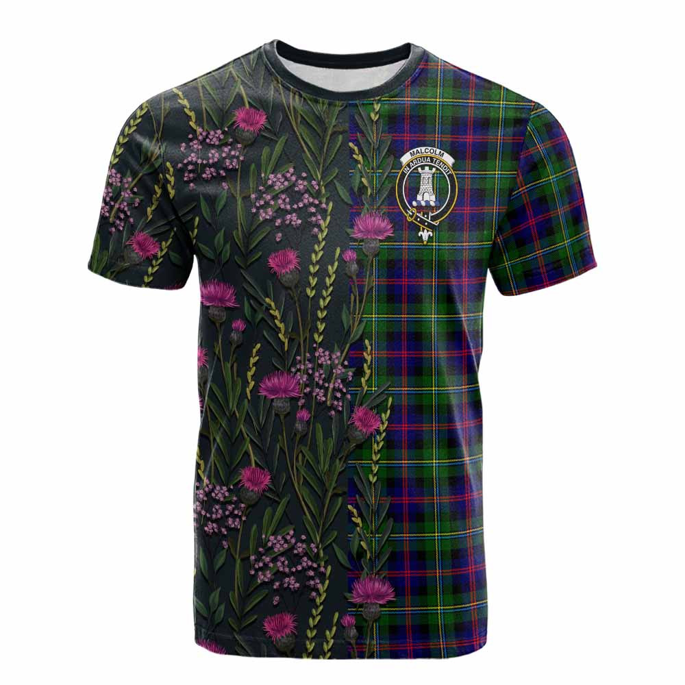 Malcolm Family Crest Tartan Cotton T-shirt Scottish Thistle Flower Pattern Half Style - Tartan Vibes Clothing