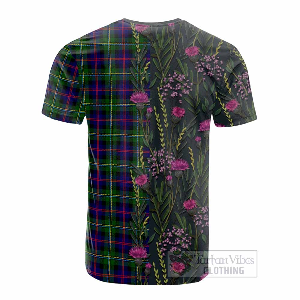 Malcolm Family Crest Tartan Cotton T-shirt Scottish Thistle Flower Pattern Half Style - Tartan Vibes Clothing