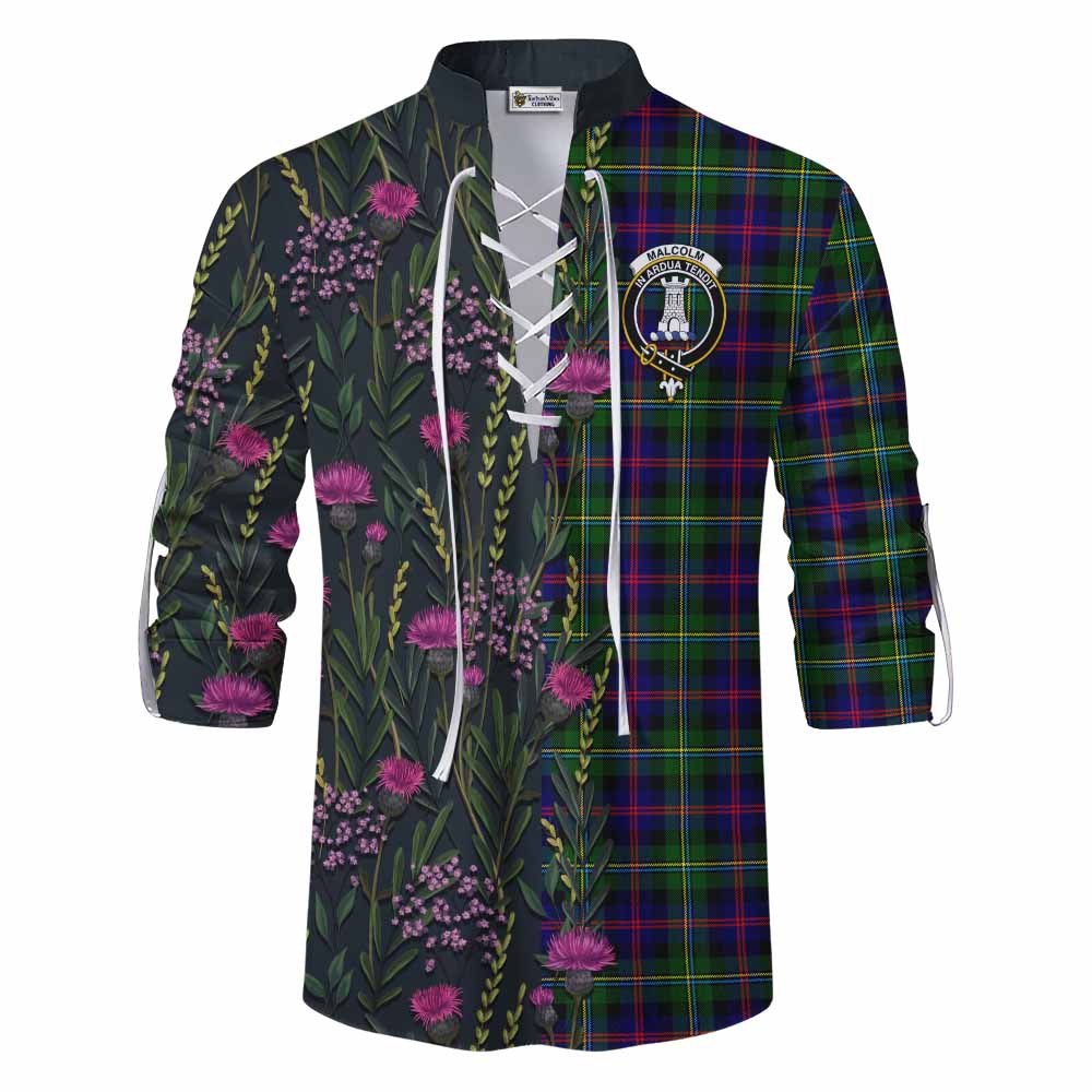 Malcolm Family Crest Tartan Ghillie Shirt Scottish Thistle Flower Pattern Half Style - Tartan Vibes Clothing