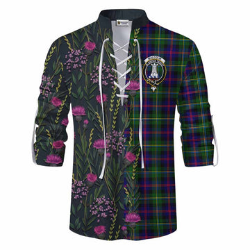 Malcolm Family Crest Tartan Ghillie Shirt Scottish Thistle Flower Pattern Half Style