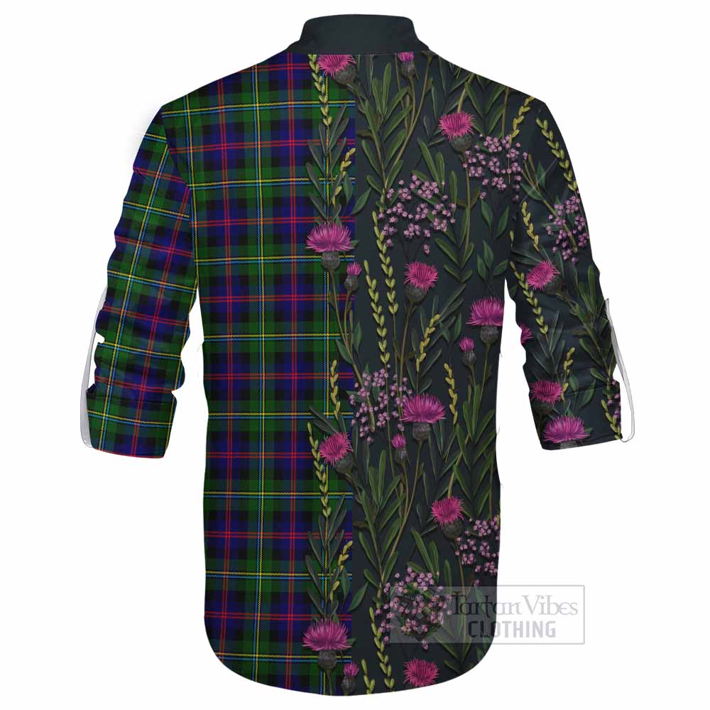 Malcolm Family Crest Tartan Ghillie Shirt Scottish Thistle Flower Pattern Half Style - Tartan Vibes Clothing