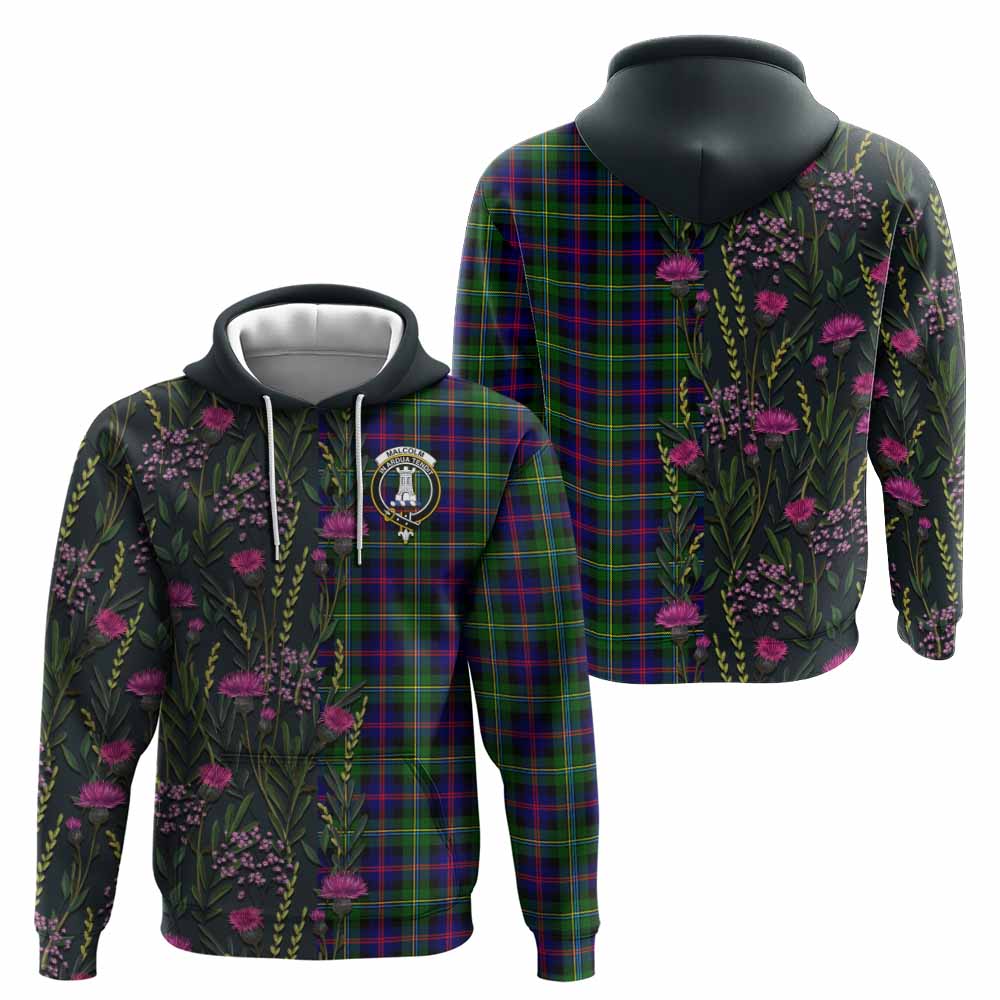 Malcolm Family Crest Tartan Hoodie Scottish Thistle Flower Pattern Half Style - Tartan Vibes Clothing