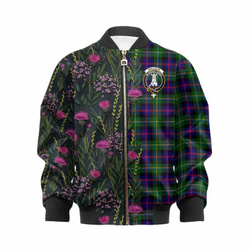 Malcolm Family Crest Tartan Kid Bomber Jacket Scottish Thistle Flower Pattern Half Style - Tartan Vibes Clothing