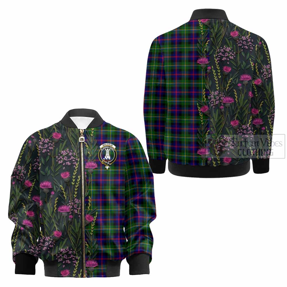 Malcolm Family Crest Tartan Kid Bomber Jacket Scottish Thistle Flower Pattern Half Style - Tartan Vibes Clothing