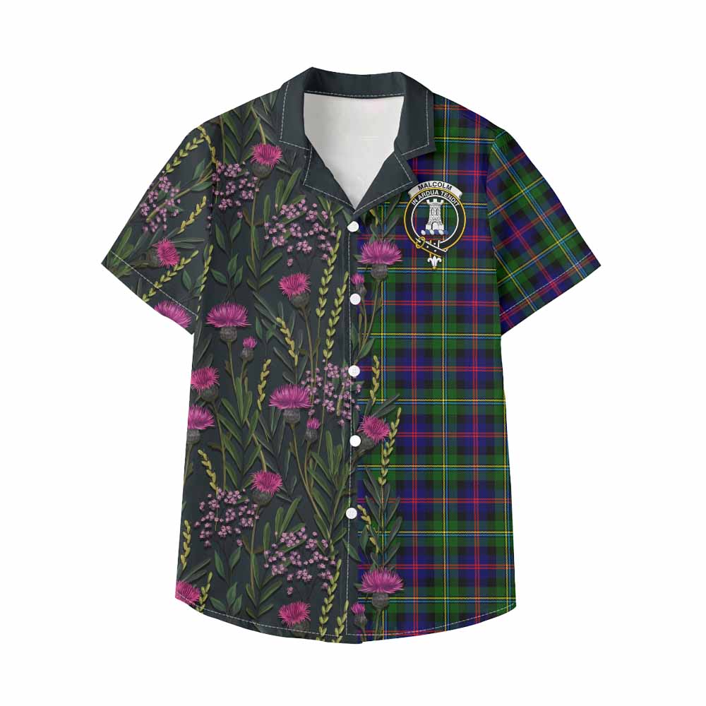 Malcolm Family Crest Tartan Kid Hawaiian Shirt Scottish Thistle Flower Pattern Half Style - Tartan Vibes Clothing