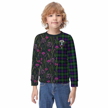 Malcolm Family Crest Tartan Kid Knitted Sweatshirt Scottish Thistle Flower Pattern Half Style - Tartan Vibes Clothing
