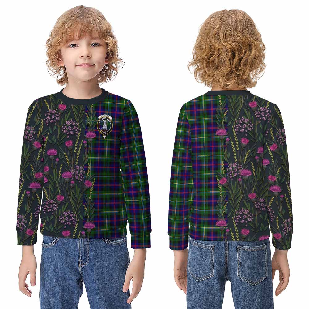 Malcolm Family Crest Tartan Kid Knitted Sweatshirt Scottish Thistle Flower Pattern Half Style - Tartan Vibes Clothing