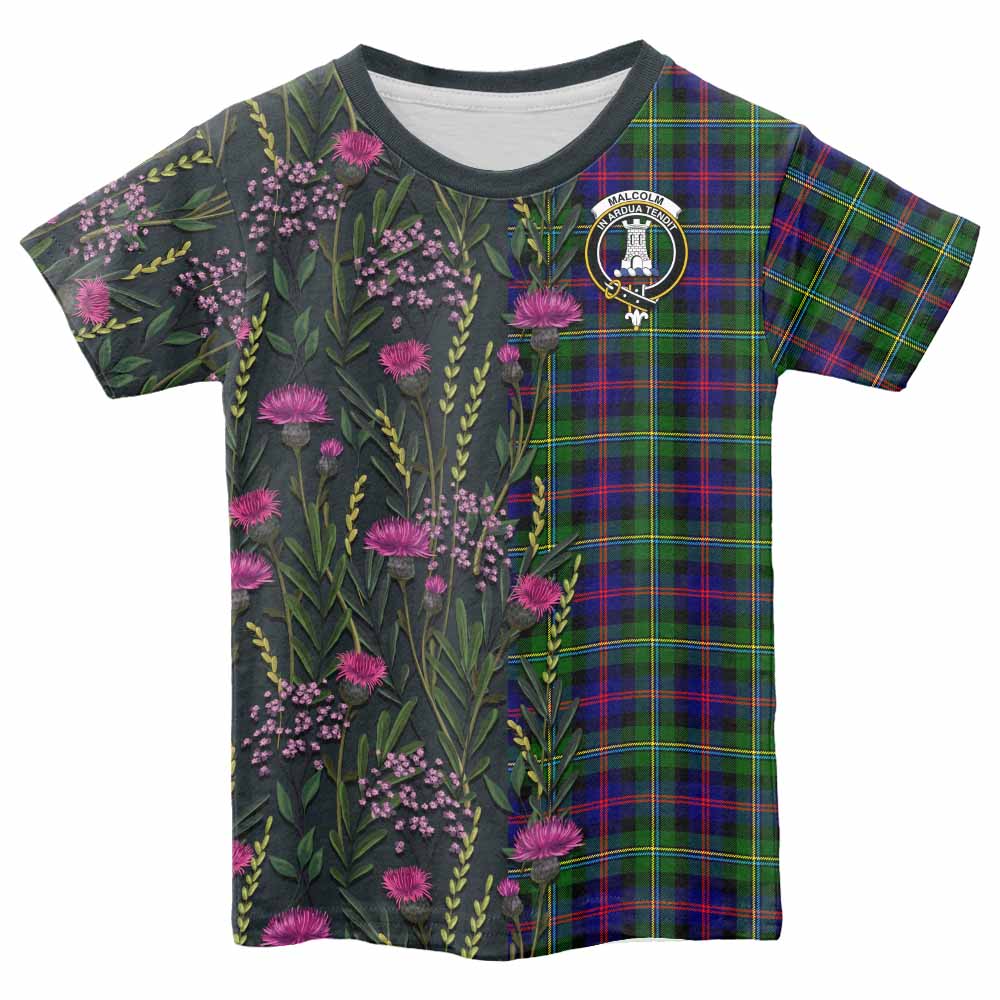 Malcolm Family Crest Tartan Kid T-shirt Scottish Thistle Flower Pattern Half Style - Tartan Vibes Clothing