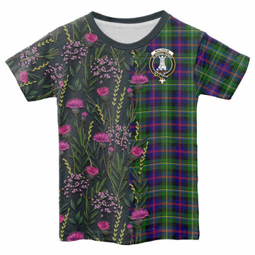 Malcolm Family Crest Tartan Kid T-shirt Scottish Thistle Flower Pattern Half Style
