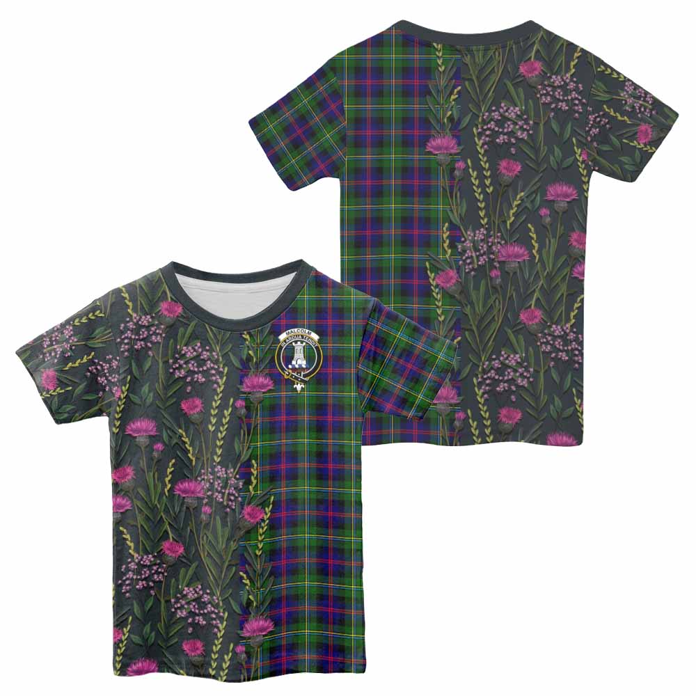 Malcolm Family Crest Tartan Kid T-shirt Scottish Thistle Flower Pattern Half Style - Tartan Vibes Clothing