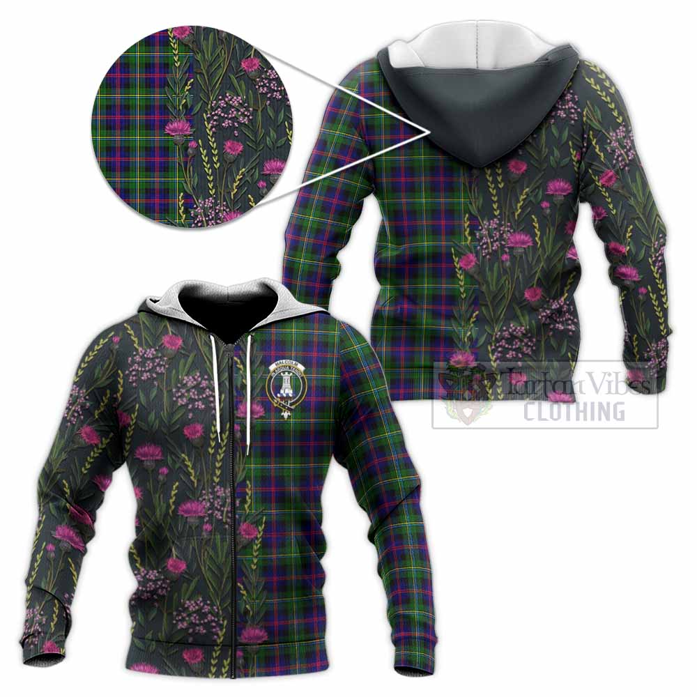 Malcolm Family Crest Tartan Knitted Hoodie Scottish Thistle Flower Pattern Half Style - Tartan Vibes Clothing