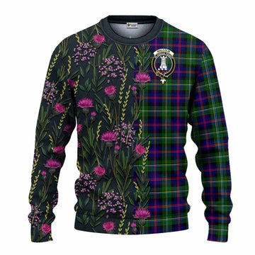 Malcolm Family Crest Tartan Knitted Sweater Scottish Thistle Flower Pattern Half Style