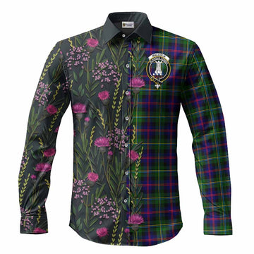 Malcolm Family Crest Tartan Long Sleeve Button Shirts Scottish Thistle Flower Pattern Half Style