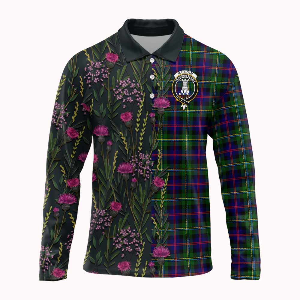 Malcolm Family Crest Tartan Long Sleeve Polo Shirt Scottish Thistle Flower Pattern Half Style - Tartan Vibes Clothing