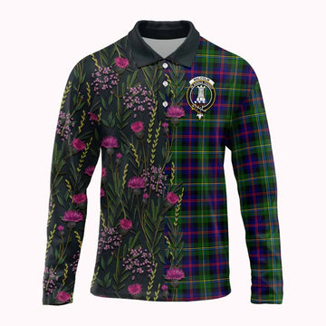 Malcolm Family Crest Tartan Long Sleeve Polo Shirt Scottish Thistle Flower Pattern Half Style