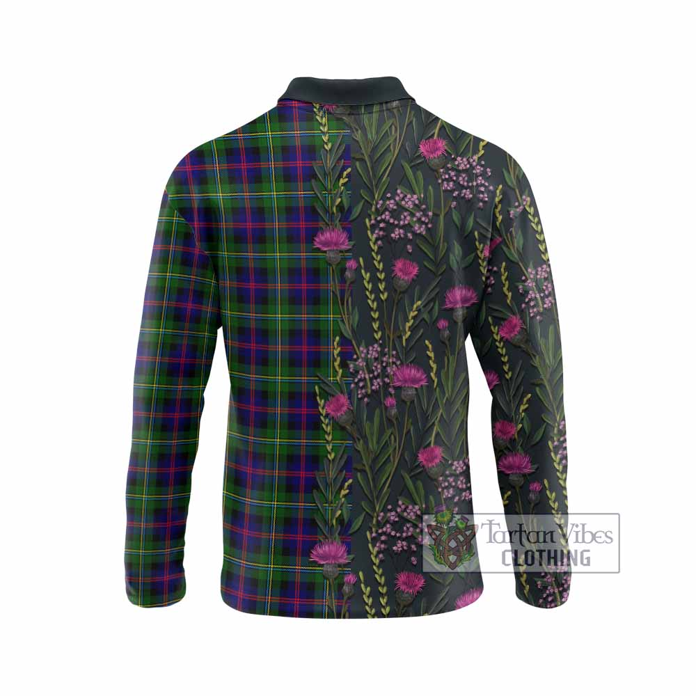 Malcolm Family Crest Tartan Long Sleeve Polo Shirt Scottish Thistle Flower Pattern Half Style - Tartan Vibes Clothing