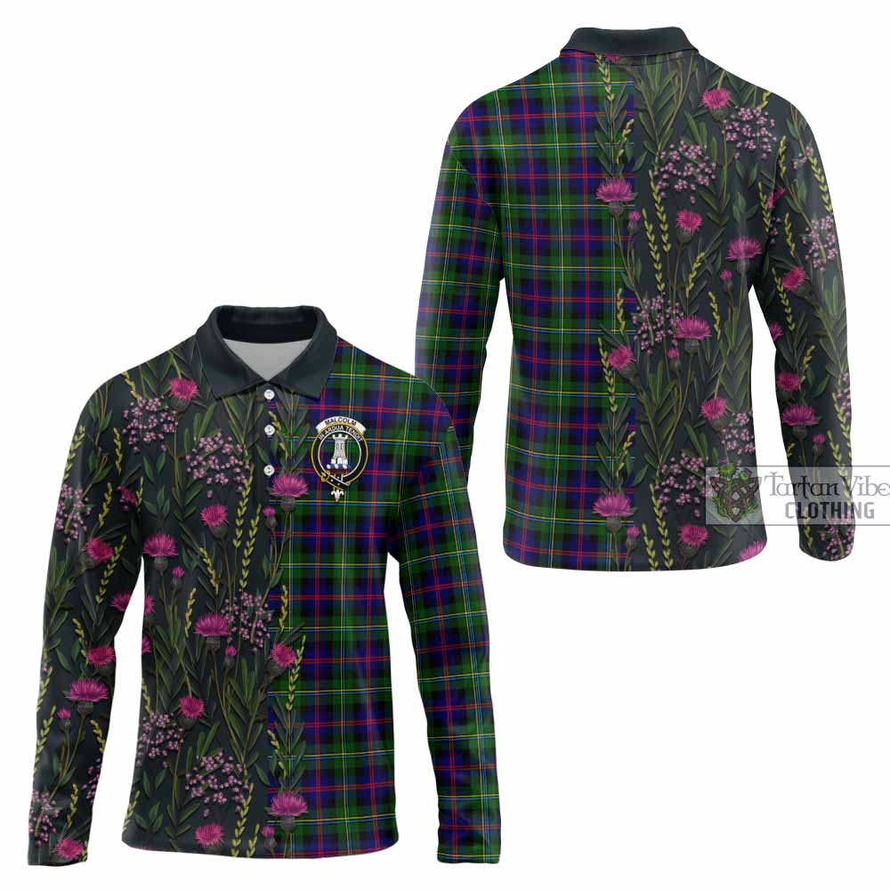 Malcolm Family Crest Tartan Long Sleeve Polo Shirt Scottish Thistle Flower Pattern Half Style - Tartan Vibes Clothing