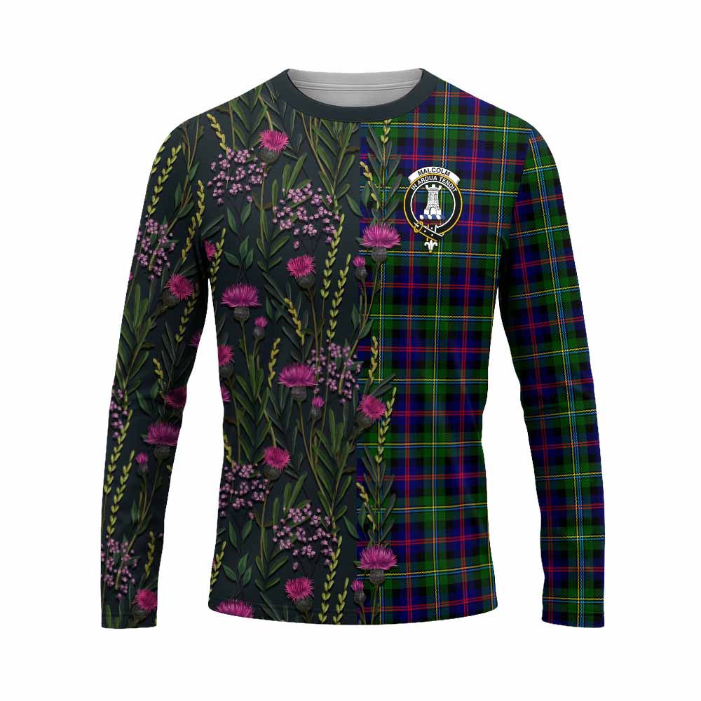 Malcolm Family Crest Tartan Long Sleeve T-Shirt Scottish Thistle Flower Pattern Half Style - Tartan Vibes Clothing