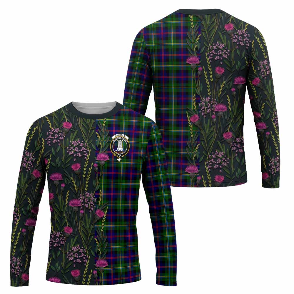 Malcolm Family Crest Tartan Long Sleeve T-Shirt Scottish Thistle Flower Pattern Half Style - Tartan Vibes Clothing