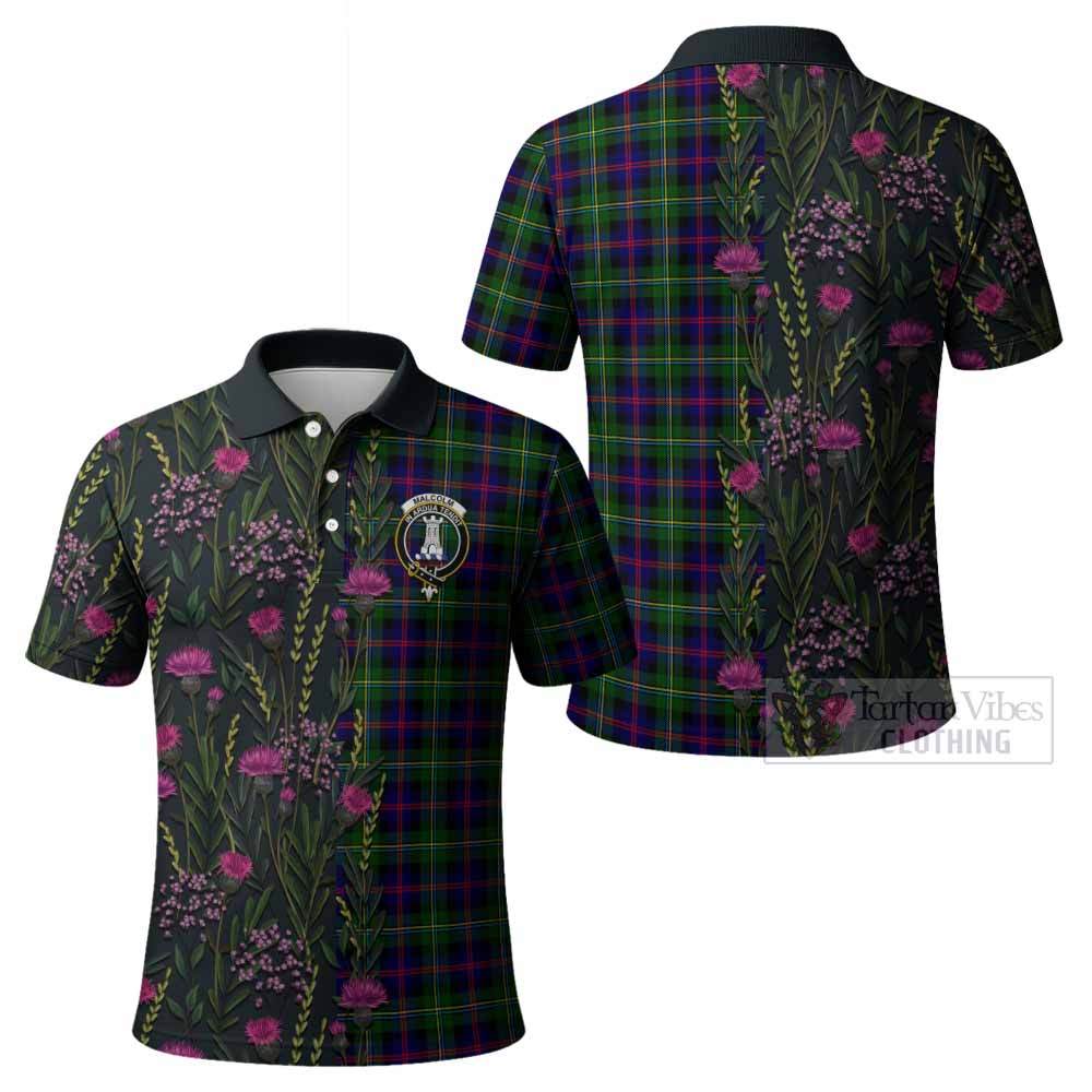 Malcolm Family Crest Tartan Polo Shirt Scottish Thistle Flower Pattern Half Style - Tartan Vibes Clothing