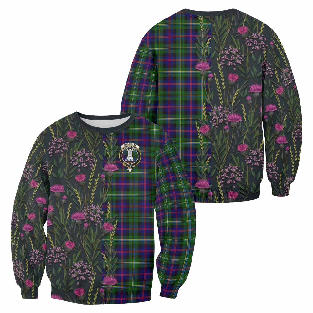 Malcolm Family Crest Tartan Sweatshirt Scottish Thistle Flower Pattern Half Style - Tartan Vibes Clothing