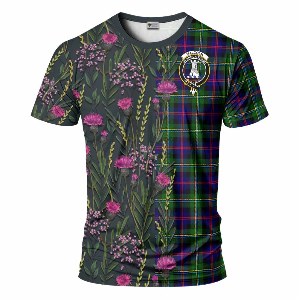 Malcolm Family Crest Tartan T-Shirt Scottish Thistle Flower Pattern Half Style - Tartan Vibes Clothing
