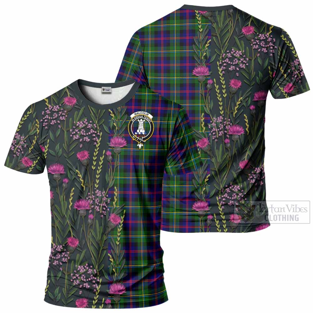 Malcolm Family Crest Tartan T-Shirt Scottish Thistle Flower Pattern Half Style - Tartan Vibes Clothing