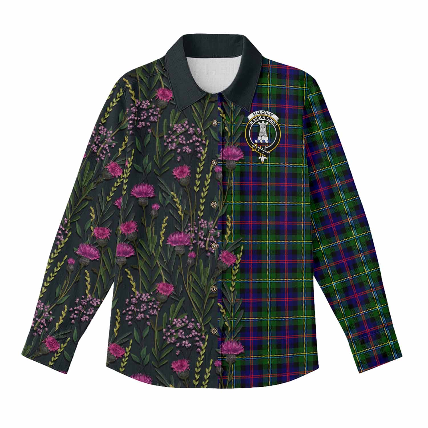 Malcolm Family Crest Tartan Women Casual Shirt Scottish Thistle Flower Pattern Half Style - Tartan Vibes Clothing