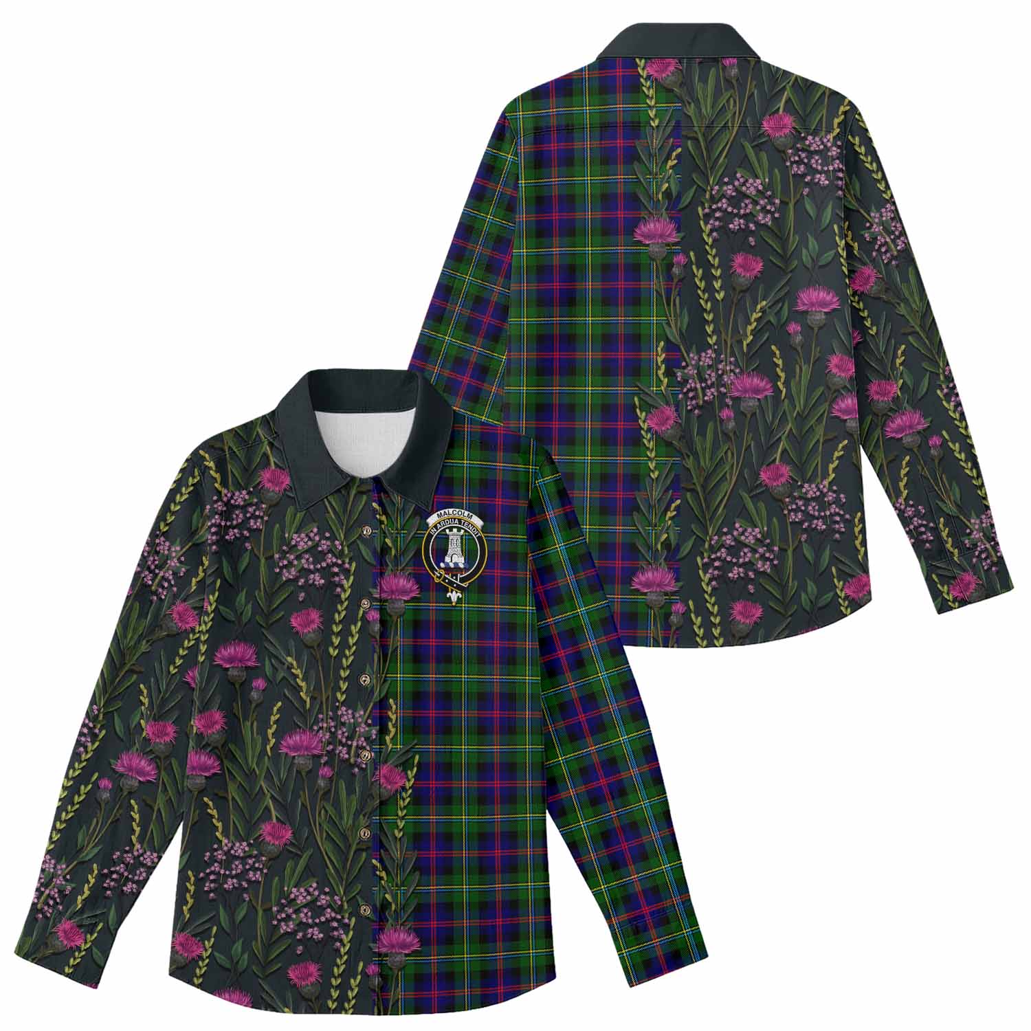 Malcolm Family Crest Tartan Women Casual Shirt Scottish Thistle Flower Pattern Half Style - Tartan Vibes Clothing