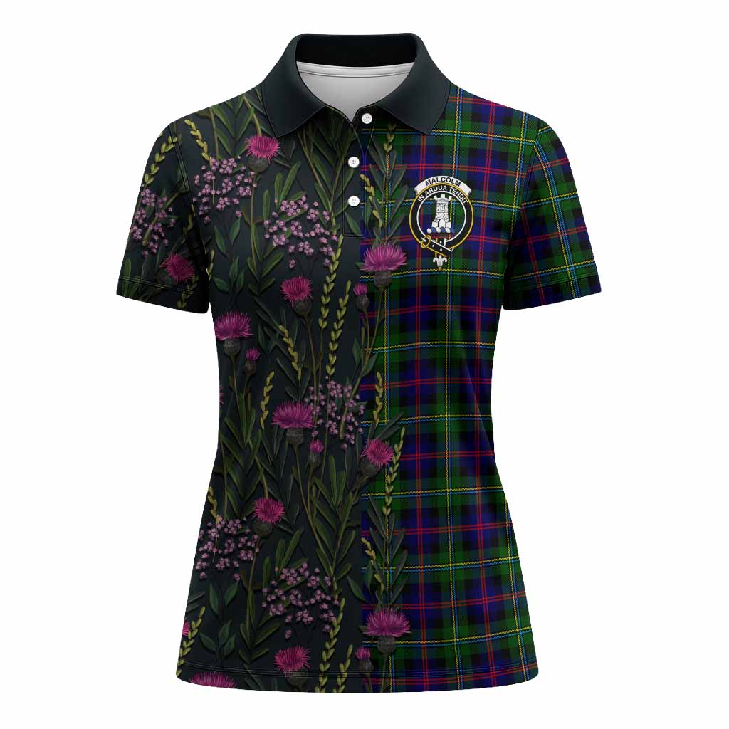 Malcolm Family Crest Tartan Women Polo Shirt Scottish Thistle Flower Pattern Half Style - Tartan Vibes Clothing