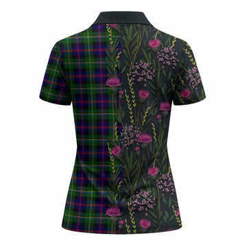 Malcolm Family Crest Tartan Women Polo Shirt Scottish Thistle Flower Pattern Half Style