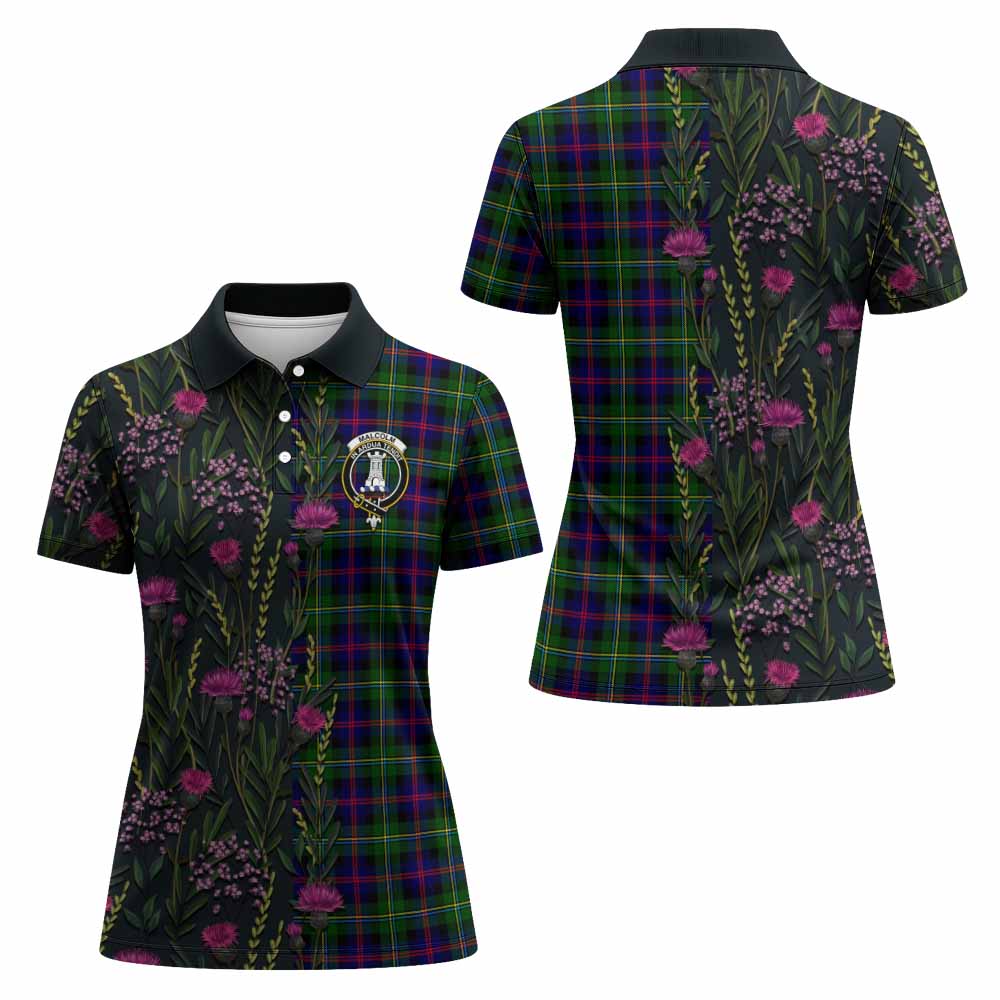 Malcolm Family Crest Tartan Women Polo Shirt Scottish Thistle Flower Pattern Half Style - Tartan Vibes Clothing