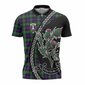 Malcolm Family Crest Tartan Zipper Polo Shirt Alba Thistle Inspired