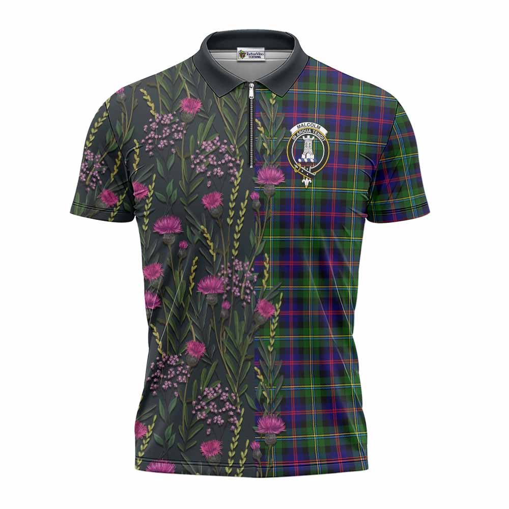 Malcolm Family Crest Tartan Zipper Polo Shirt Scottish Thistle Flower Pattern Half Style - Tartan Vibes Clothing